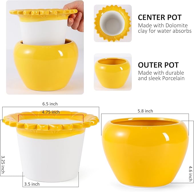African Violet Flower Pot Self Watering Plant African Violet Planter Pot Yellow Ceramic Pot Maintenance Plant Seeder Planting 6.5 * 4.6 Inch High Absorption Plant Inner Flower Pot