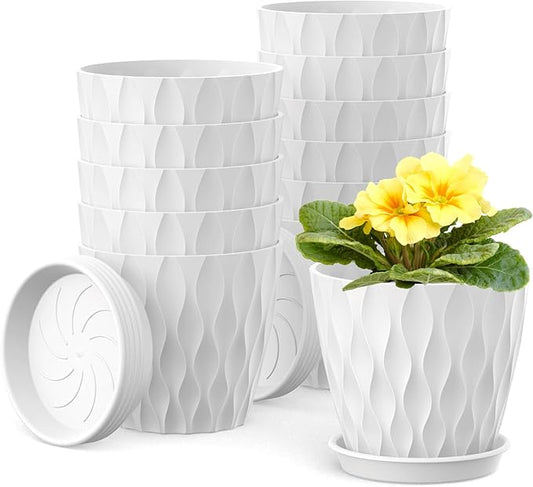 12 Pack 4 Inch Small Plant Pots with Saucers, 3D Textured Plastic Planters with Drainage Holes for Indoor and Outdoor Plants, Flowers, Herbs, Succulents, and Seedlings, White