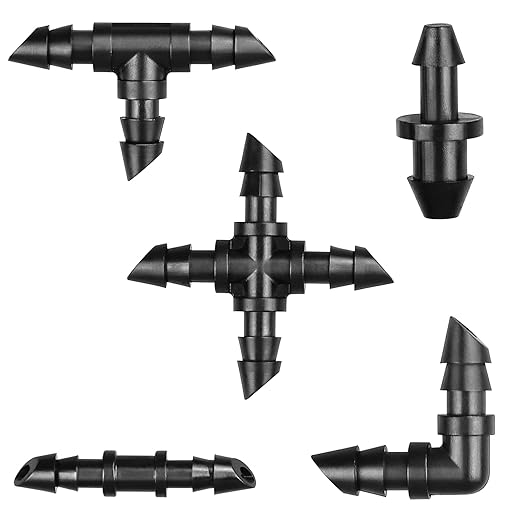 1/4 Inch Drip Irrigation Fittings Kit：200 Pieces Drip Irrigation Parts with Sharp End for 1/4" Drip Tubing Barbed Connectors for Home Garden 85 Couplings 60 Tees 20 Elbows 25 Plugs 10 Crosses