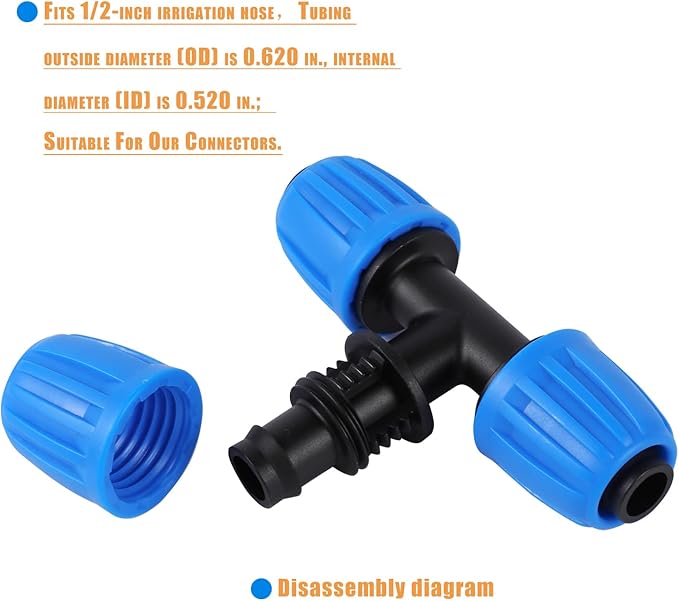 1/2" Drip Irrigation Lock Barbed Tee Connectors 1/2 inch PE Tubing (OD 0.620 in.ID is 0.520. in), Anti-Drop Straight Tee For Irrigation Tubing Fittings （8 Pcs Blue）