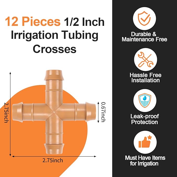 Drip Irrigation Cross Fittings, 12 Pieces 1/2'' Drip Line Barbed Cross Tee Connectors for 1/2 Inch Irrigation Tubing 4-way Cross for Garden Drip Sprinkler Systems