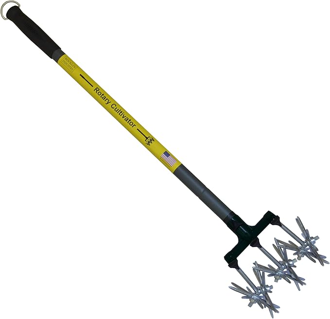 Rocklin Rotary Cultivator Tool - 60” Extra Long Handle - Reinforced Tines - Reseeding Grass or Soil Mixing - All Metal, No Plastic Structural Components - Cultivate Easily