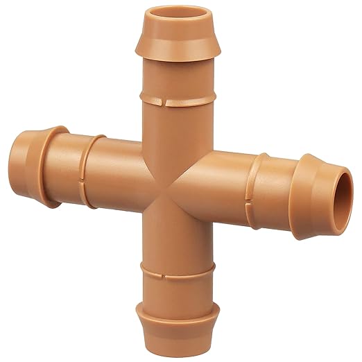 JAYEE 34 Pieces Drip Irrigation Fittings Kit (17mm) for 1/2" Tubing (.600" ID), 10 Couplings, 8 Tees, 2 Cross, 2 Valve, 6 Elbows and 6 Tubing End Closure - Barded Connectors for Sprinkler Systems