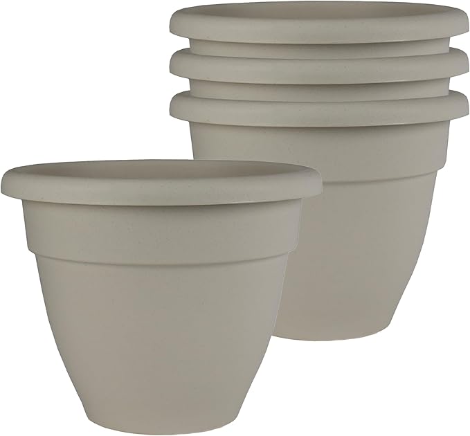 The HC Companies Caribbean Planter Pot - Outdoor & Indoor Plant Pot with Drainage Hole & Plug - Rolled Rim Plastic Pots for Plants & Flowers - Decorative Plant Pot (8" Cottage Stone, Pack of 4)