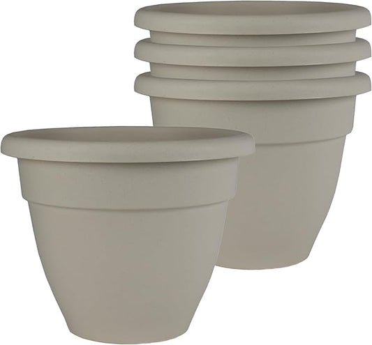 The HC Companies Caribbean Planter Pot - Outdoor & Indoor Plant Pot with Drainage Hole & Plug - Rolled Rim Plastic Pots for Plants & Flowers - Decorative Plant Pot (8" Cottage Stone, Pack of 4)
