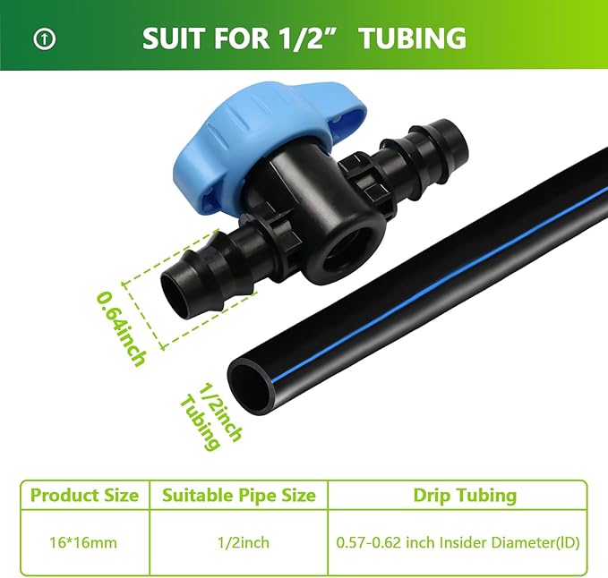 15 Pieces Drip Irrigation 1/2" Barbed Valve Fittings,Shut Off Valve Connectors for 1/2 Inch Drip Irrigation Tubing (.570-.620" ID) Drip Line Parts for Drip Sprinkler Garden Lawn Systems