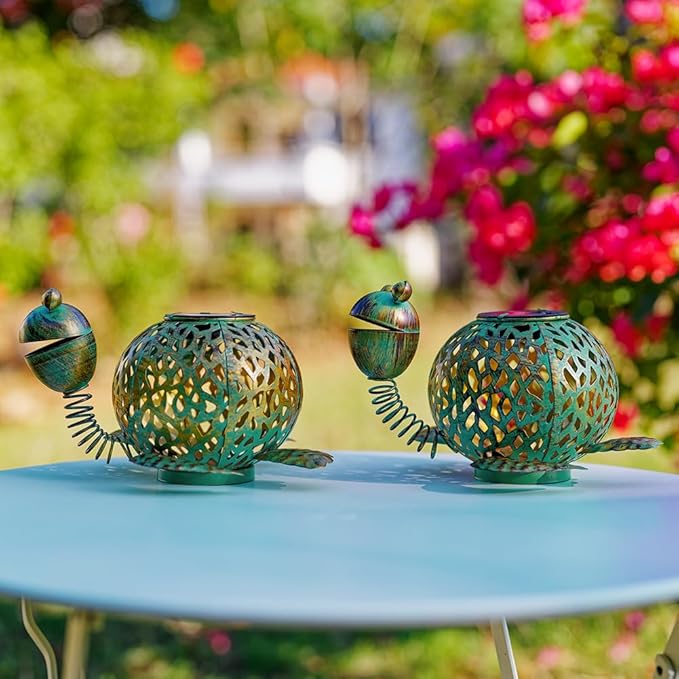 2 Pack Turtle Solar Lanterns Outdoor Waterproof, Metal Table Tortoise Solar Lantern with LED Light for Patio Pathway Garden Decor