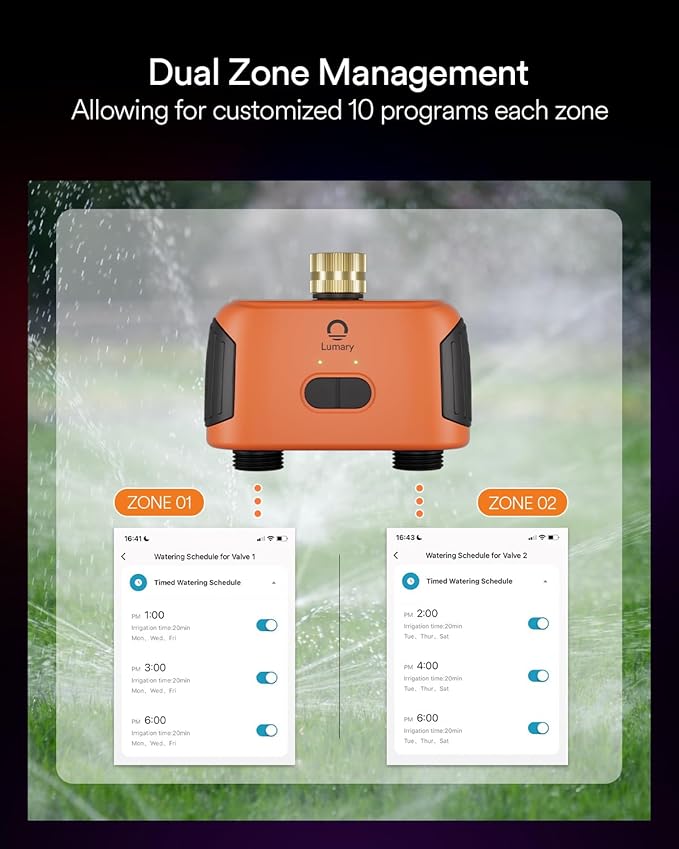 Lumary Smart Sprinkler Timer 2 Zone, WiFi Water Timer for Garden Hose, Brass Inlet Water Hose Timer Outdoor, Manual/Automatic Drip Irrigation Timer, App/Voice Control Work with Alexa, Orange, L-WT2A1