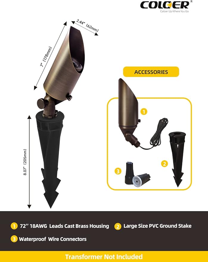 COLOER Die-cast Brass Landscape SpotLights Outdoor, 12V AC/DC Low Voltage Adjustable Yard Lighting, Garden Patio Trees Directional Spot Up Light(103B,Bronze, 12-Pack Without Bulb)