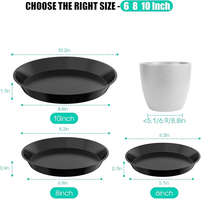 6 Pack Plant Saucer 6 8 10 Inch Plastic Plant Tray, Sturdy and Durable Flower Pot Container Accessories Plant Pot Saucers for Indoor and Outdoor (6 8 10 Inch, Black)