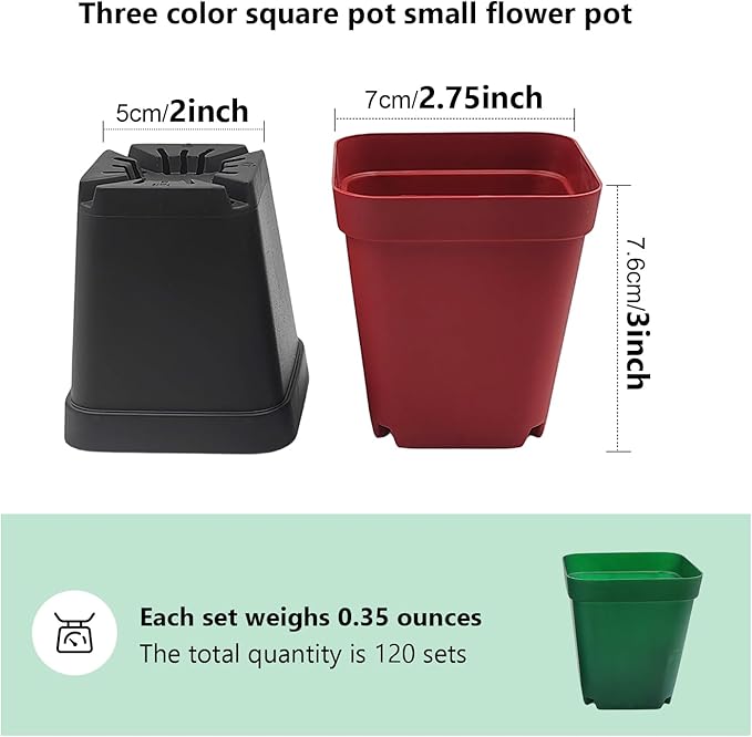 Square Plastic Nursery Pot 3" 120 Pcs Deep Succulent Pots Small Flower Planter Seeds Starter Pots with Drainage (Green,Black,Red 40pcs Each,2.7Inches)