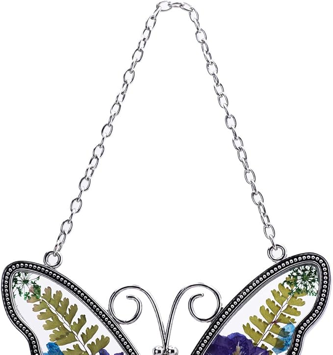 Laraine Butterfly Suncatcher with Pressed Flower Wings Mom Mother's Day Butterfly Glass Wind Chime Ornament Charm with Metal Heart Gifts for Mom Grandma Birthday (Purple Grandma (with Free Hook)