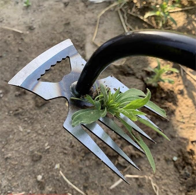 Stainless Weeding Artifact Uprooting Weeding Tool, Stainless Steel Forged Weed Puller 4 Teeth Dual Purpose Weeder, Hand Weeder Tool for Gardening with Long Handle, Silver 4Pcs