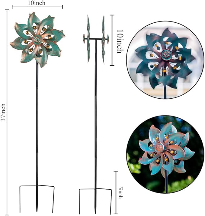 VEWOGARDEN Garden Decor Wind Spinners, Small Waterproof Metal Pinwheels Wind Spinner for Yard and Garden 37 * 10inches (Double Blade)