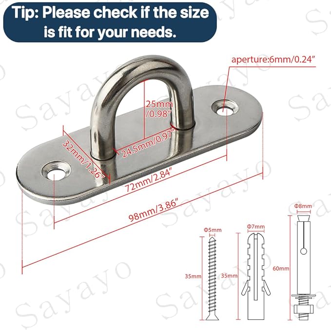 SAYAYO 6 PCS Pad Eye Plate Hooks U Ceiling Hook for Hanging Plants Outdoor Lights Swing Suspension Marine Hardware Staple Hook Loop with Screws Stainless Steel Wall Mount (Brushed Nickel