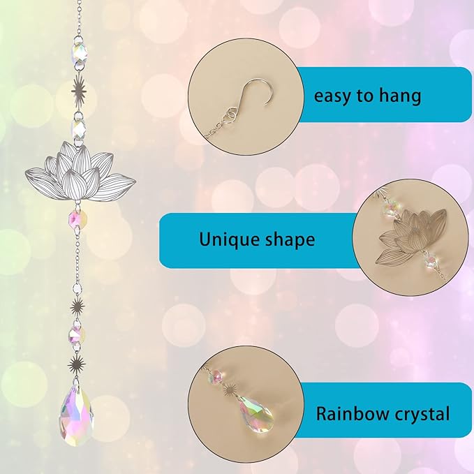 Sun Catchers, 6 Pieces Colorful Suncatchers Decorative Hanging Clear Crystal Prism Rainbow with Silver Moon Sun Metal Forms Suncatcher Kit for Window Indoor Outdoor Car Mirror Decor Xmas Gift