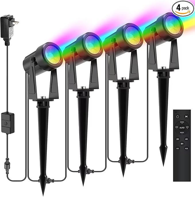 SUNTHIN Outdoor Landscape Lighting with Remote, RGBW Color Changing Spot Uplights, IP65 Waterproof & Connectable, 4 Pack