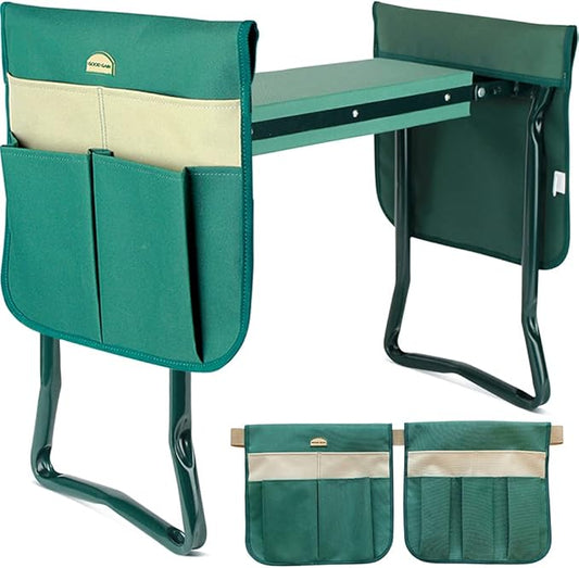G GOOD GAIN Garden Kneeler Seat Gardening Stool Widen Soft Kneeling Pad with 2 Larger Tool Pouches Outdoor Foldable Sturdy Gardening Tools Gifts for Gardeners, Green