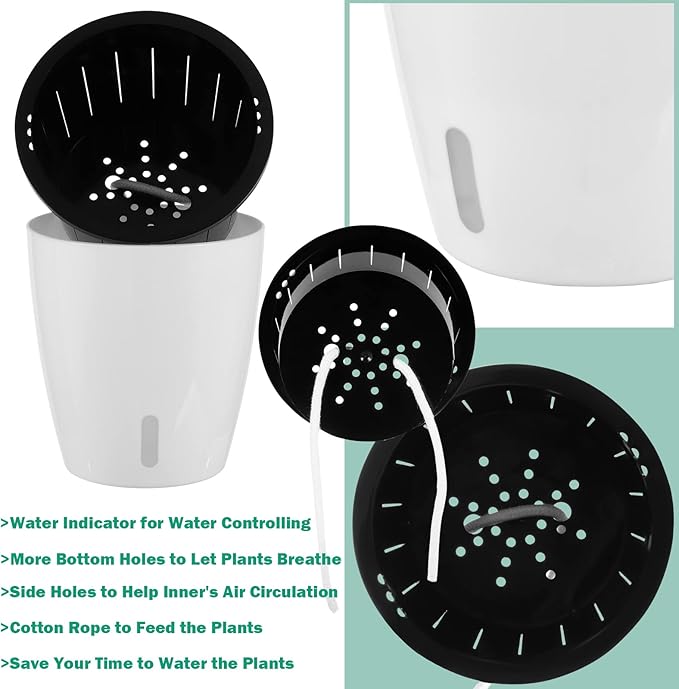 Planterhoma 5 Inch Self Watering Pots for Indoor Plants, 10 Packs White African Violet Pots with Water Indicator and Black Wick Pots, Self Watering Planters for Devil's Ivy, Indoor Plant Pots