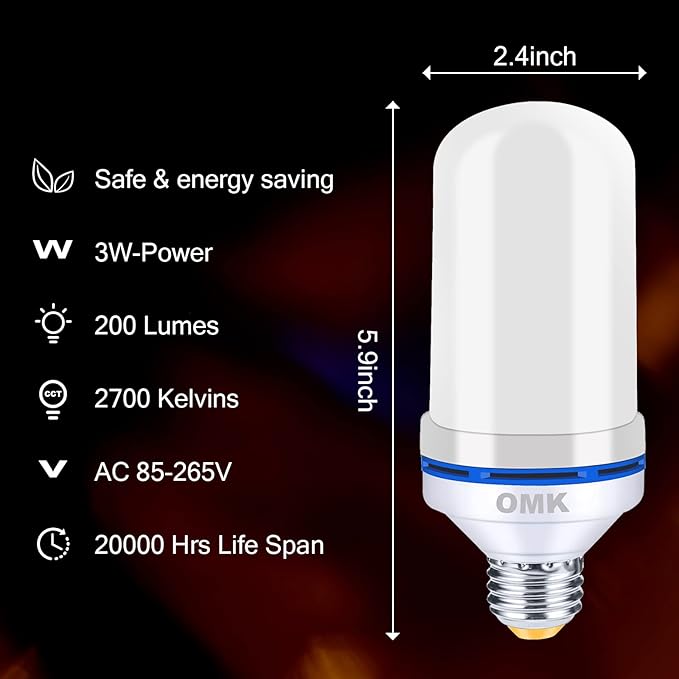 OMK LED Flame Effect Fire Light Bulbs (2 Pack), Flame Christmas Decor 4 Modes Flickering Fire Simulated Lamps, E26 Base Energy Efficient LED Bulb for Indoor/Outdoor Holiday