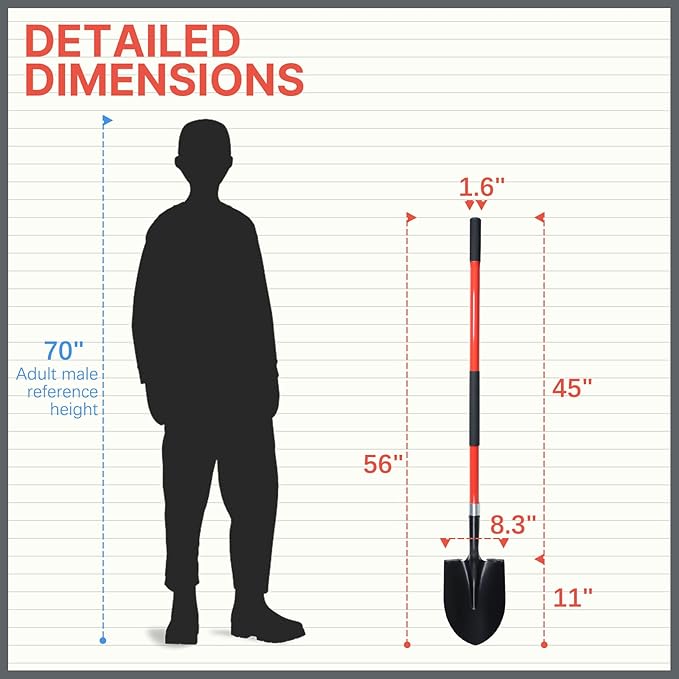 Shovel for Digging, 56 Inches Heavy Duty Shovel for Gardening, Round Shovel for Digging with Fiberglass Handle (Red)