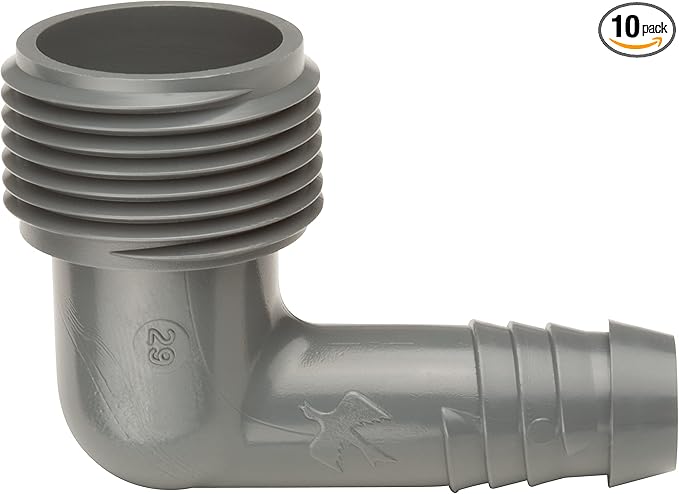 Rain Bird SWGE075B EZ Pipe Elbow Fitting, 3/4" Male Pipe Thread x 1/2" Spiral Barbed Elbow, 10-Pack