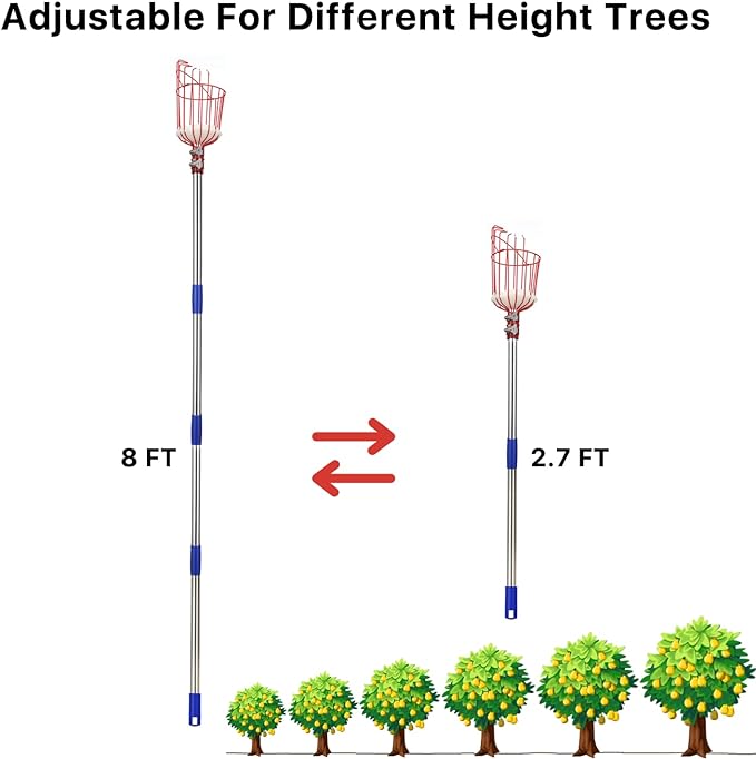 Fruit Picker, 8 FT Fruit Picker Pole with Large Basket, Length Adjustable Gardening Tools, Picking Peaches, Mango, Apple, Orange, Fruit Catcher for Trees with Metal Long Handle, Extra Carrying Bag