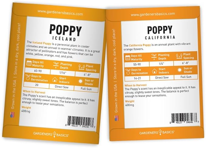 Poppy Seeds for Planting Outdoors Flower Seeds (4 Variety Pack) Poppies Iceland, California, California Mikado and Red Corn Varieties for Bees, Pollinators Wildflower Seed by Gardeners Basics