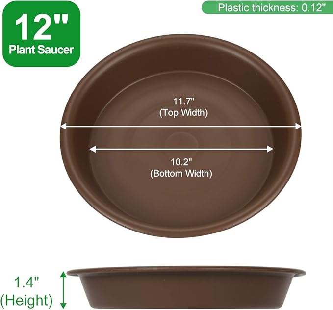 TITE Plant Saucer 12 inch, Heavy Large Planter Durable Thicker Plastic Plant Trays for Indoors and Outdoor, Plant Saucer Drip Trays,Brown (12" - 3 Pack)
