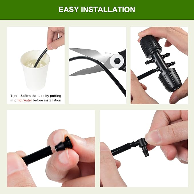 100FT 1/4 Inch Drip Irrigation Tubing, Distribution Hose Tube Kit Includes 2pcs 6-Way Connectors & 20pcs 1/4" Tee Splitters and End Plugs for Garden DIY Water-Saving Drip Irrigation System