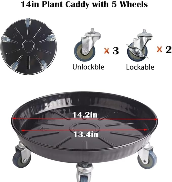 ARTLINE Round Plant Stand with Lockable Wheels, Heavy Duty for Indoor Outdoor, Large Rolling Dolly Planter Caddy on Casters to Carry Potted Flower Pot, Round Metal Tray NO Holes, Black