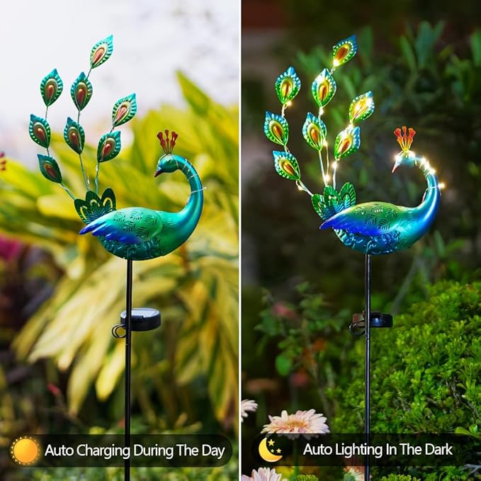 VEWOGARDEN 2 Pack Solar Stake Lights Outdoor Waterproof Metal Peacock Solar Lights for Yard Garden Patio Pathway Walkway, Blue