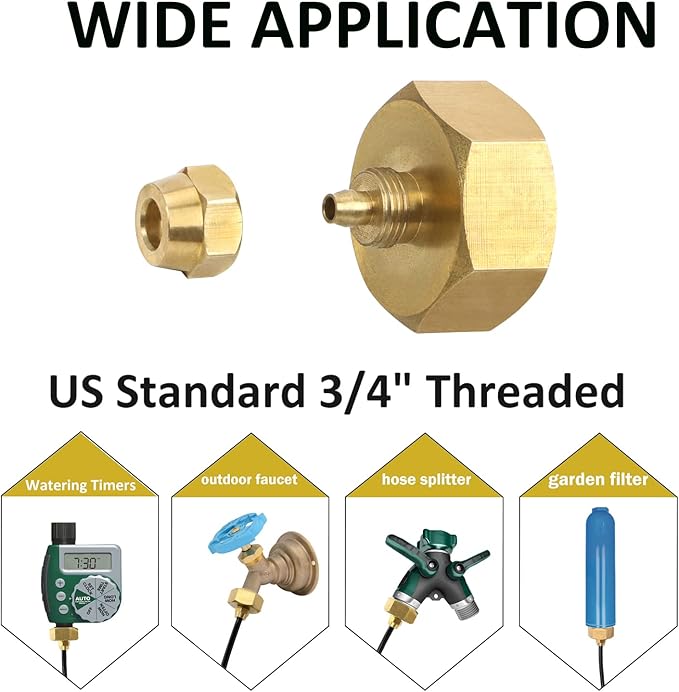 STYDDI 4 Pack 1/4 Inch Drip Irrigation Tubing To Faucet/Garden Hose Adapter, Solid Brass 3/4" FHT To 1/4" Drip Irrigation Tube Adapter, Convert Garden Hose Thread To 1/4" Drip Tubing Connectors