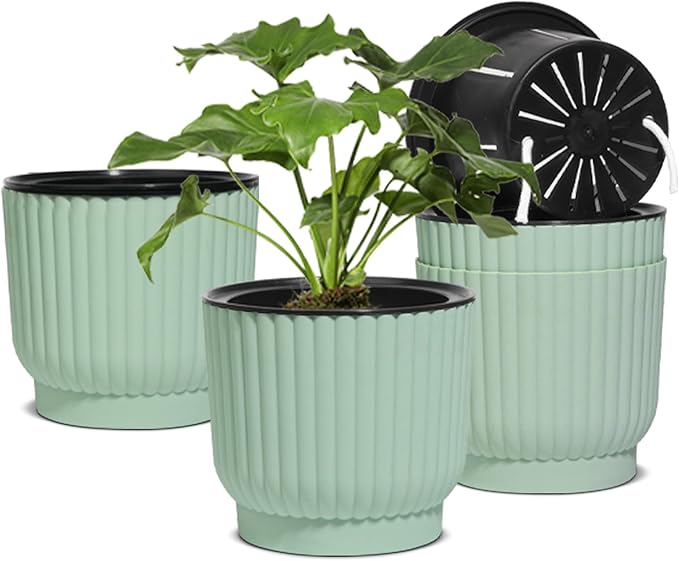 T4U 7 Inch Self Watering Pots for Indoor Plants, 4 Pack Green Plastic Flower Pots for All House Plants, Flowers, African Violets