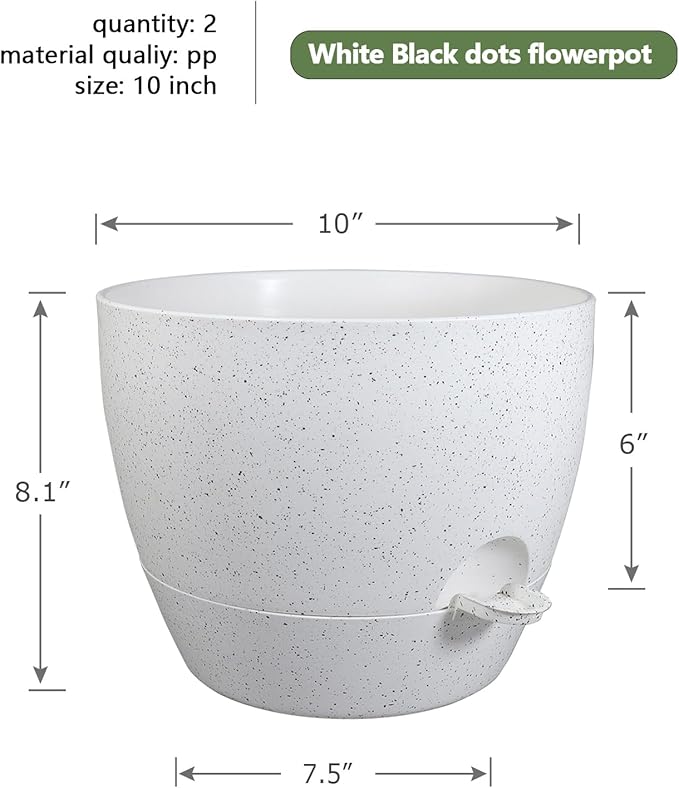 10 inch Self Watering Pots, Planter, Plant Pots with Mesh Drainage Holes for Indoor Outdoor House Plants and Garden, Set of 2 Plastic Flower Pots with Deep Reservoir, Speckled White