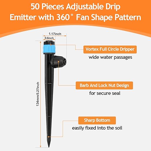 50pcs Drip Emitters Fan Shape with Stake for 1/4" Irrigation Tubing, Adjustable 360 Degree Water Flow Irrigation Vortex Sprayer On 5" Stake Garden Irrigation Dripper for Watering System