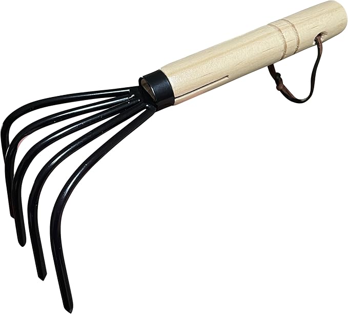 Garden Guru Hand Rake Cultivator Claw Soil Tiller - Military Grade Steel - Rust Resistant - 5 Tine Japanese Ninja Claw - Comfortable Wood Handle - Perfect Pulverized and Aerated Soil
