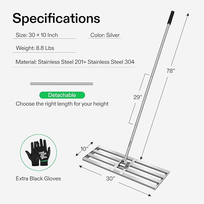 VIVOSUN 30" Lawn Leveling Rake, 30" x 10" x 78" Heavy-Duty Stainless Steel Lawn Leveler with 7FT Adjuatble Long Handle for High Effect, Metal Levelawn for Smooth Soil, Rustproof Rakes for Garden Yard