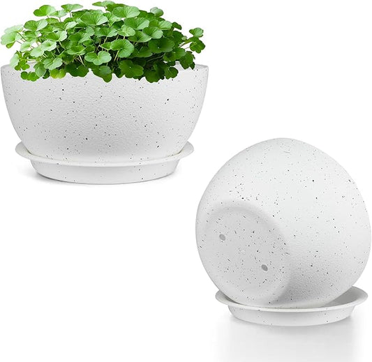 8 inch Plant Pots Pack of 2, Plastic Planter with Drainage Holes and Saucers, Plant pots for Indoor Outdoor Use, Flower Pots for All House Plants (Speckled White)