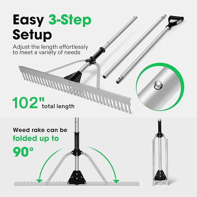 VIVOSUN 36" Landscape Rake, Aluminum Floating Rake with 8.5 FT Long Handle, Long Rope, All-Purpose Metal Floating Lake Rake, Multifunctional Foldable Weed Rake for Loosening Soil, Lawn Care and Lake