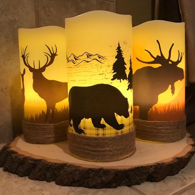 Flickering Flameless Candles with 6H Timer, LED Warm Light Pillar Candles Battery Operated Real Wax with Hemp Rope, Deer, Moose, Bear, Home Table Decoration for Wedding Party