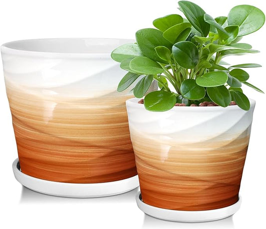6.7 + 5.5 Inch Plant Pot, Ceramic Planter with Drainage and Saucer，Ceramic Pots for Plants, Indoor Plant pots，planters for Indoor Plants(Khaki + White)