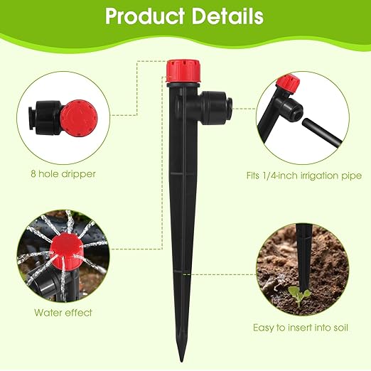 30 Pcs Drip Irrigation Emitters for 1/4'' Irrigation Tubing, Adjustable Water Flow Dripper Irrigation Drip Heads with Stake for Flower Plant (Red)