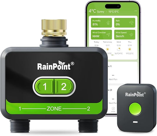 RainPoint WiFi Water Timer for Garden Hose with Brass Inlet, 2-Zone Smart Hose Timer, Sprinkler Timer WiFi Irrigation Controller, Automatic Watering System for Lawns and Yard
