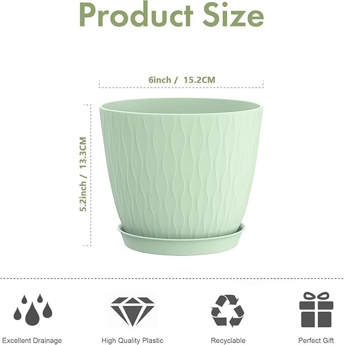 6 inch Plant pots, 12 Pack Modern Plastic Planters with Drainage Holes and Saucers for Repotting Indoor Plants and Flowers, Green