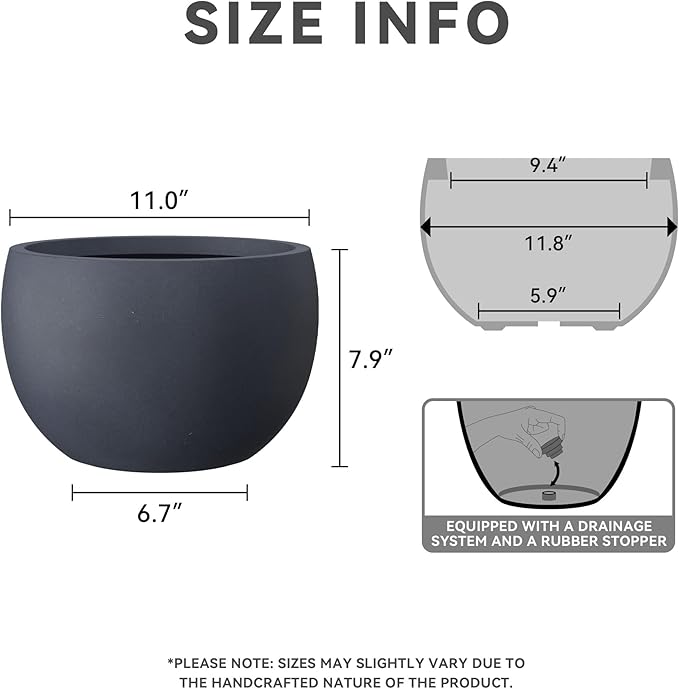 Kante 11.8" Dia Round Concrete Planter, Outdoor/Indoor Large Bowl Plant Pots with Drainage Hole and Rubber Plug for Garden Patio Balcony Home, Charcoal