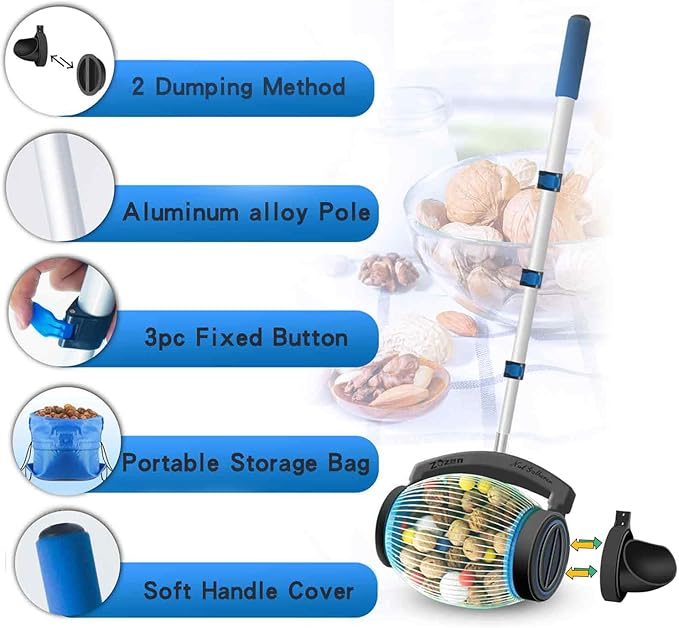 Zozen Nut Gatherer, 2 Dumping Method | Walnut Picker Upper, Pecan Picker Upper - Apply to Walnut, Pecan, Hickory, Chestnuts, Buckeyes, Nerf Balls, Golf, Pick up Objects Size 3/4'' to 1.5''; 1 Gallon