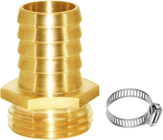 Joywayus 5/8" Barb x 3/4" Male GHT Thread Hex Brass Garden Water Hose Pipe Connector Copper Fitting with Stainless Clamp House/Boat/Lawn/Power Wash/Irrigation