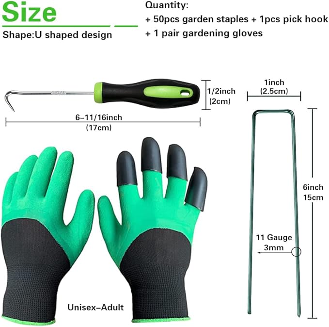 Bakulyor 50Pcs Green Landscape Staples 6 Inch Garden Artificial Turf Stakes Staples, 11 Gauge Lawn Galvanized Ground Fabric Pins for Weed Barrier Sod Decorations Holding Fence and Irrigation Tubing