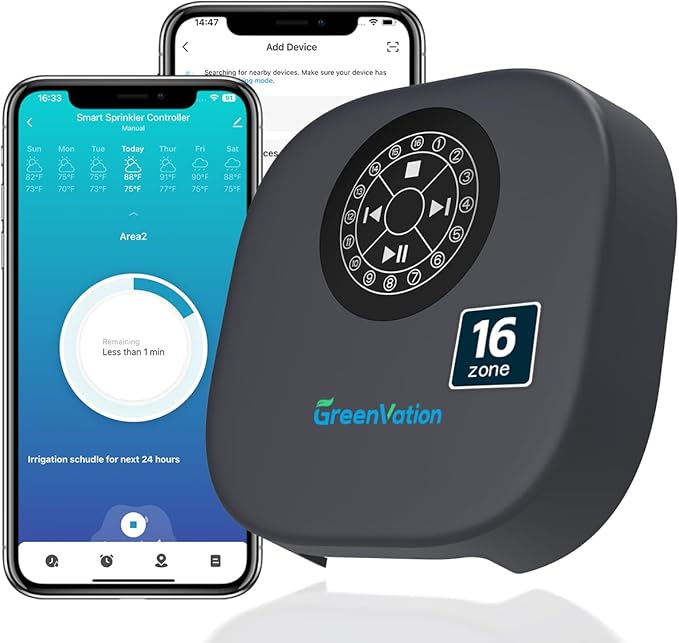 Smart Sprinkler Controller, 16-Zone/Station Irrigation System with APP Remote Control, GreenVation 2.4G/5GHz WiFi Water Timer for Outdoor Garden/Yard/Lawns